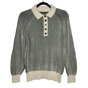 Retro Collared Knit Sweater Women's M White Green Vertical Stripes Pullover